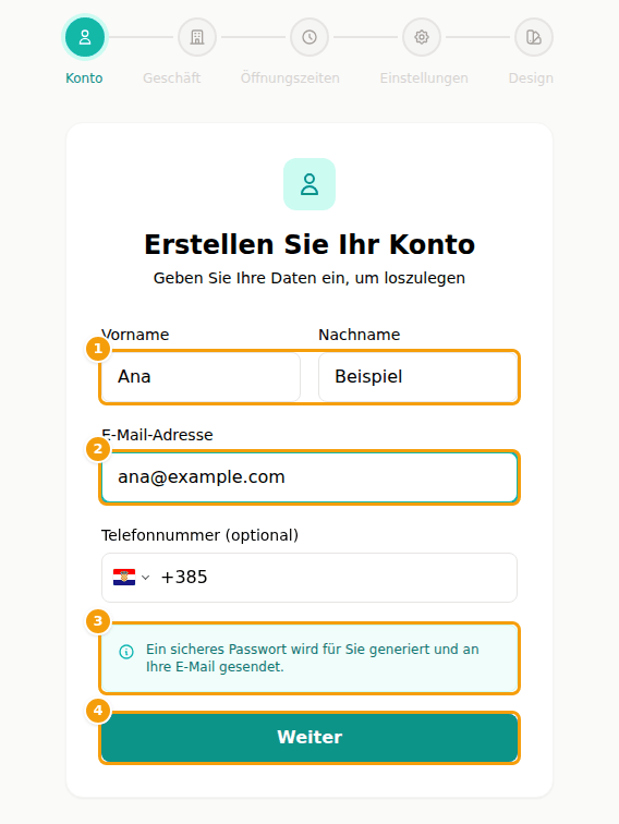 Schritt 1 der Registrierung: Vor- und Nachname (1), E-Mail-Adresse (2), der Hinweis zu Ihrem Passwort (3) und Weiter (4)