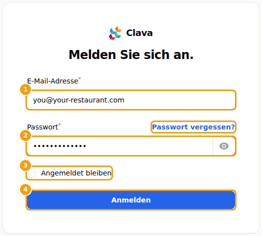 Die Anmeldeseite: E-Mail-Adresse (1), Passwort (2), Angemeldet bleiben (3) und die Schaltfläche Anmelden (4)