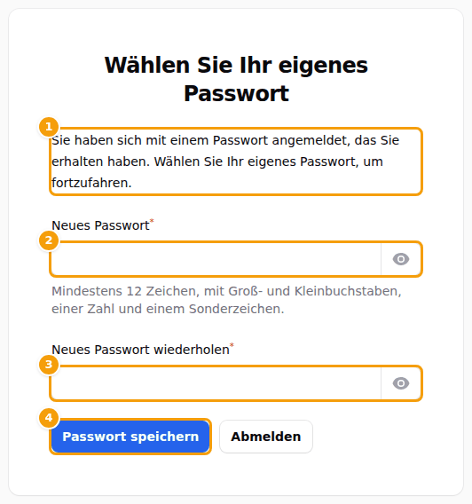 Die Seite „Wählen Sie Ihr eigenes Passwort": der Hinweis (1), das neue Passwort (2), dasselbe noch einmal (3) und Passwort speichern (4)