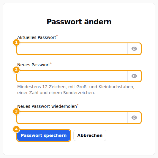 Die Seite Passwort ändern: aktuelles Passwort (1), neues Passwort (2), das neue noch einmal (3) und Passwort speichern (4)