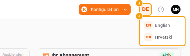Die Sprachschaltfläche (1) mit den anderen Sprachen (2)