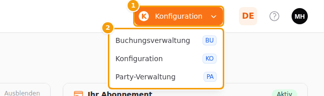 Die Bereichs-Schaltfläche (1) mit der Liste der Bereiche (2)