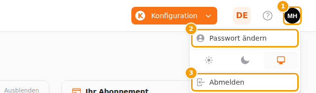 Das Avatar-Menü: der Avatar (1), Passwort ändern (2) und Abmelden (3)