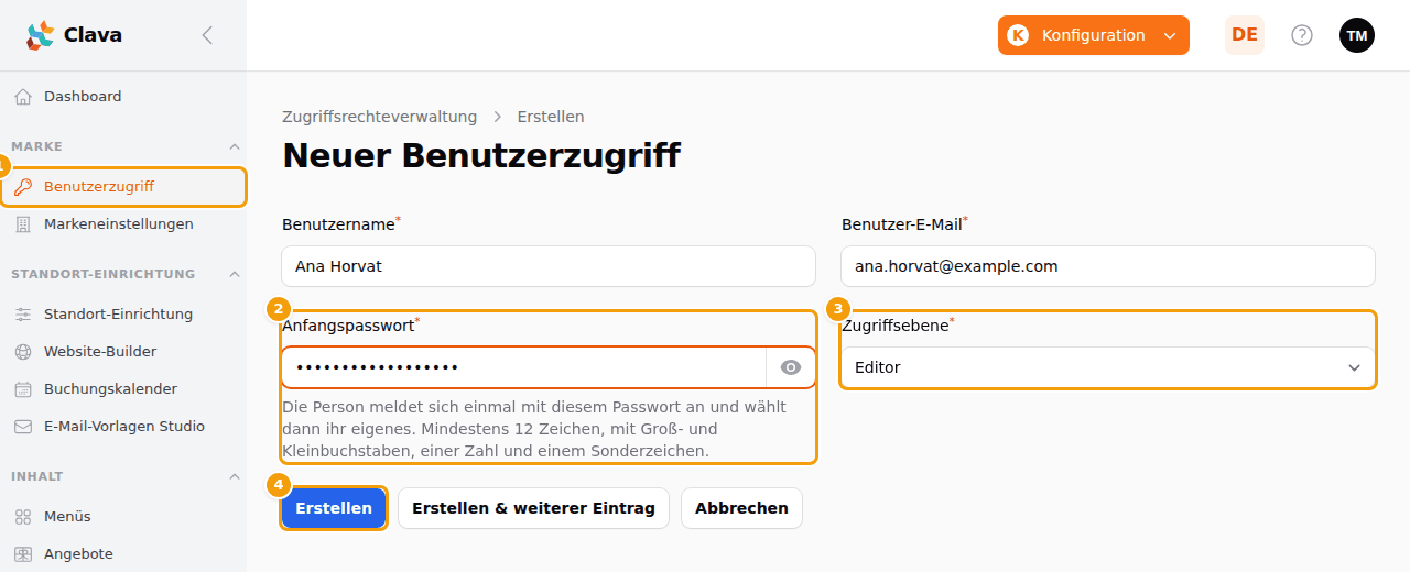 Eine Kollegin aufnehmen: Benutzerzugriff im Menü (1), das Anfangspasswort (2), die Zugriffsebene (3) und die Schaltfläche Erstellen (4)