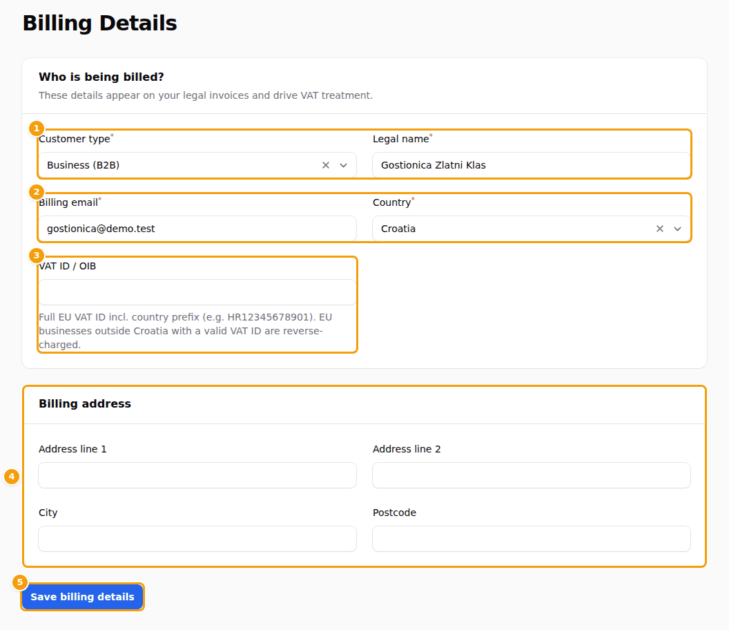 The page Billing Details: customer type and legal name (1), billing email and country (2), VAT ID (3), the address (4) and Save billing details (5)