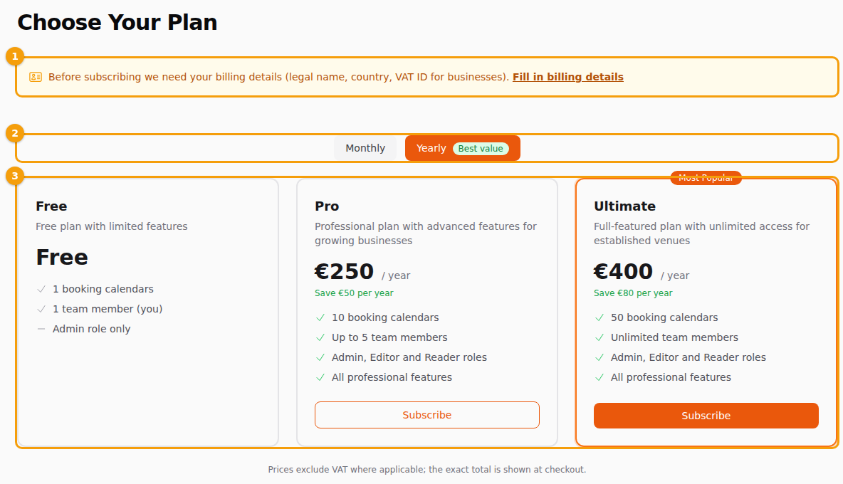 The page Choose Plan: the note about billing details (1), the switch Monthly and Yearly (2) and the three plans (3)