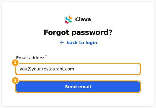 The Forgot password page: your email address (1) and the Send email button (2)