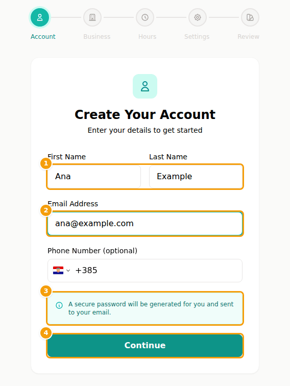 Step 1 of the sign-up: first and last name (1), email address (2), the note about your password (3) and Continue (4)
