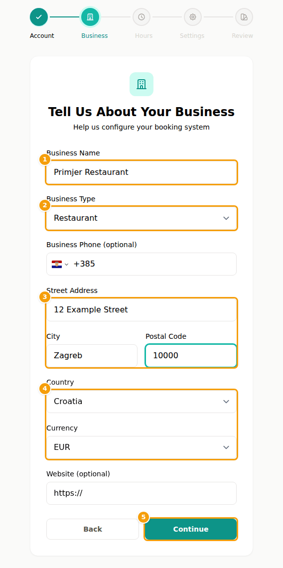 Step 2 of the sign-up: business name (1), business type (2), address (3), country and currency (4) and Continue (5)