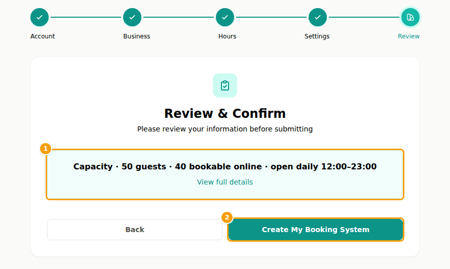 Step 5 of the sign-up: the summary (1) and Create My Booking System (2)