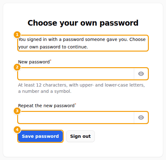 The page "Choose your own password": the note (1), the new password (2), the same again (3) and Save password (4)