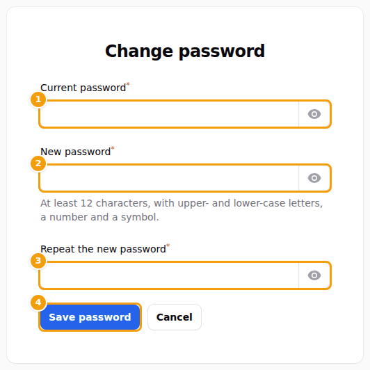 The page Change password: current password (1), new password (2), the new password again (3) and Save password (4)