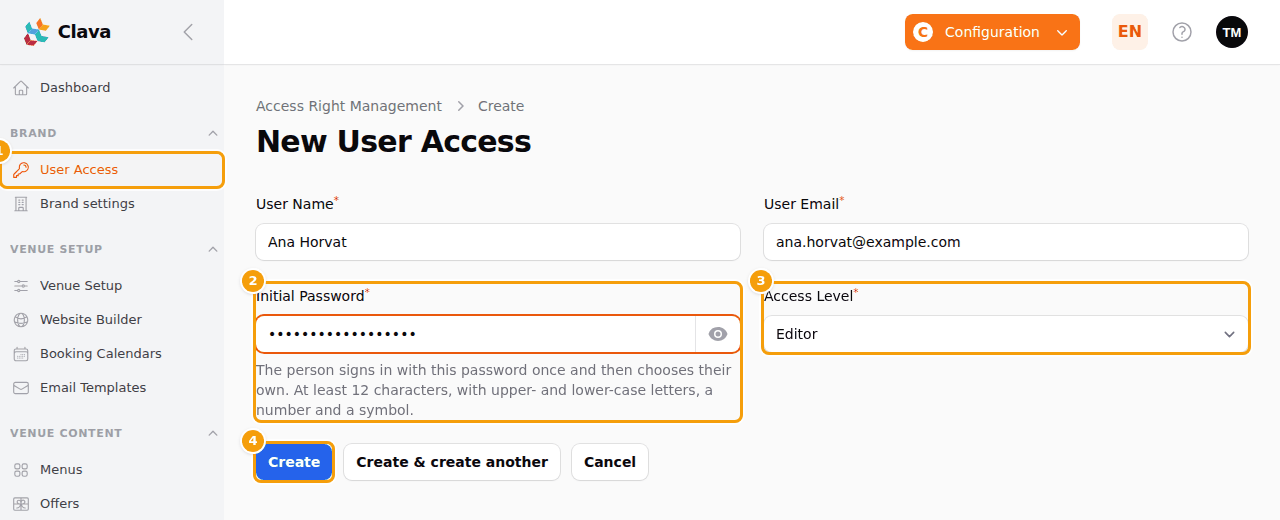 Adding a colleague: User Access in the menu (1), the initial password (2), the Access Level (3) and the Create button (4)