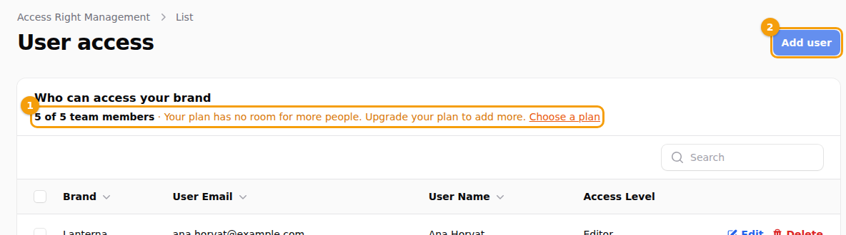 A full team: the team size with the link Choose a plan (1) and the greyed-out Add user button (2)