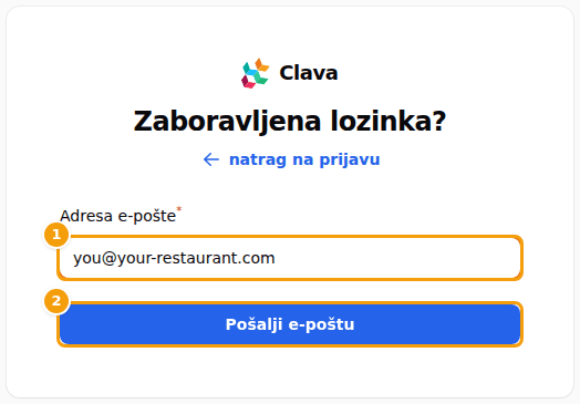 Stranica Zaboravljena lozinka: vaša adresa e-pošte (1) i gumb Pošalji e-poštu (2)