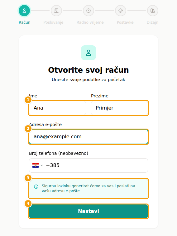 Prvi korak registracije: ime i prezime (1), adresa e-pošte (2), napomena o lozinki (3) i Nastavi (4)