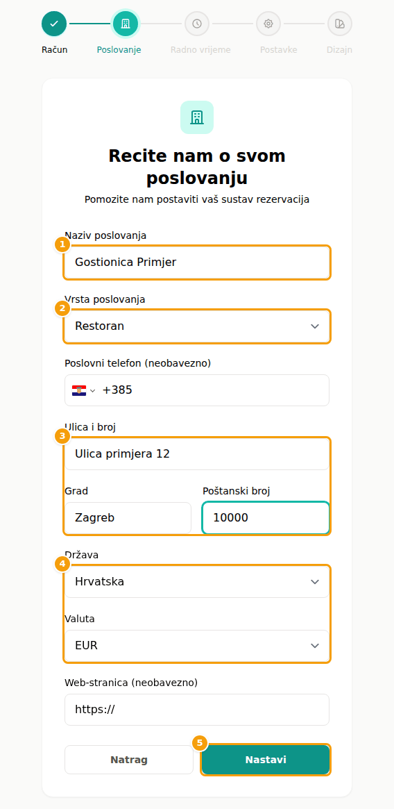 Drugi korak registracije: naziv poslovanja (1), vrsta poslovanja (2), adresa (3), država i valuta (4) i Nastavi (5)
