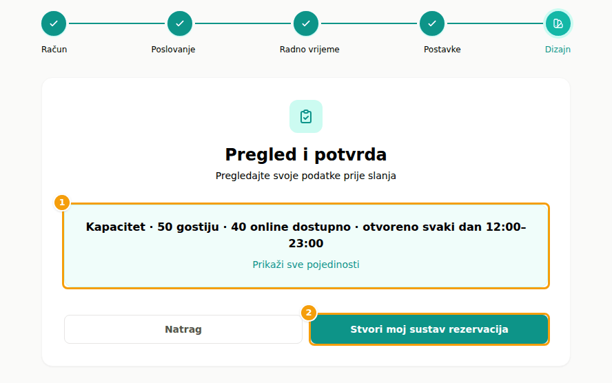 Peti korak registracije: sažetak (1) i Stvori moj sustav rezervacija (2)