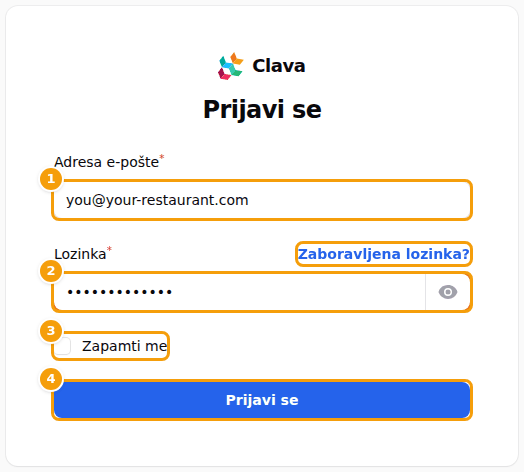 Stranica za prijavu: adresa e-pošte (1), lozinka (2), Zapamti me (3) i gumb Prijavi se (4)