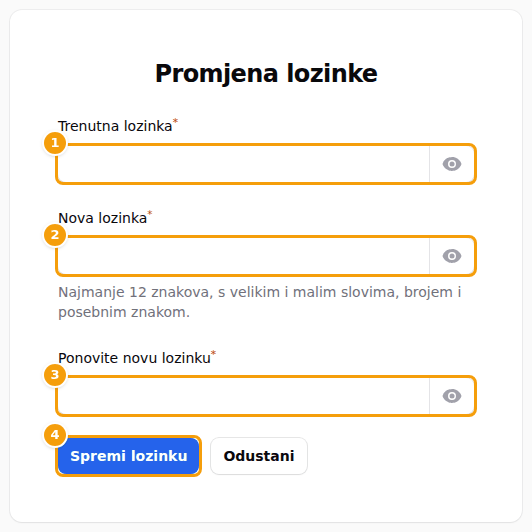 Stranica Promjena lozinke: trenutna lozinka (1), nova lozinka (2), nova lozinka još jednom (3) i Spremi lozinku (4)