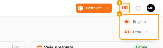 Gumb za jezik (1) s ostalim jezicima (2)