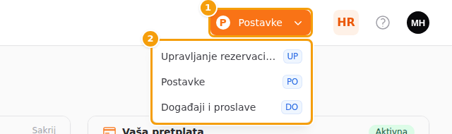 Gumb za područje (1) s popisom područja (2)