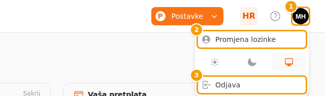 Izbornik avatara: avatar (1), Promjena lozinke (2) i Odjava (3)