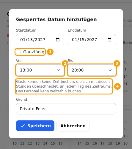 Das Fenster ohne Häkchen bei Ganztägig (1), Von (2), Bis (3) und die Erklärung (4)
