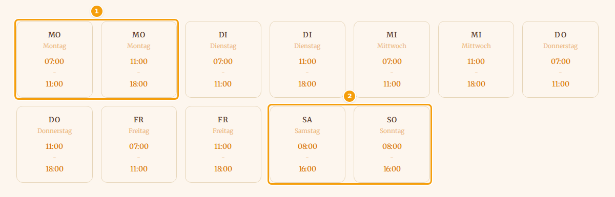 Auf der Website: Montag hat zwei Zeiträume und daher zwei Karten (1); Samstag und Sonntag haben je eine (2)