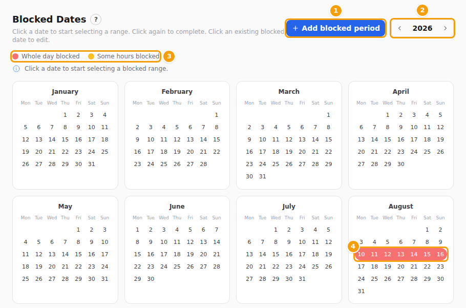 Add blocked period (1), the year arrows (2), the colour key (3) and a blocked week in August (4)