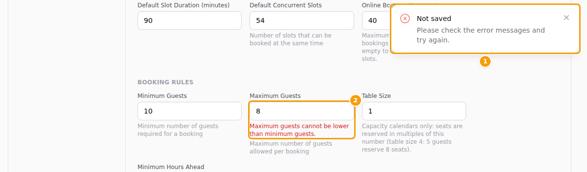 The red message Not saved (1) and the red note under Maximum Guests (2)