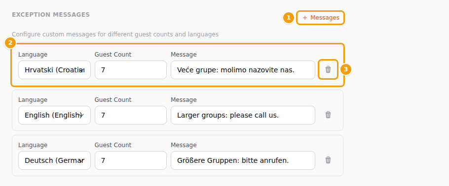 The Messages button (1), one message with its fields (2) and its trash icon (3)