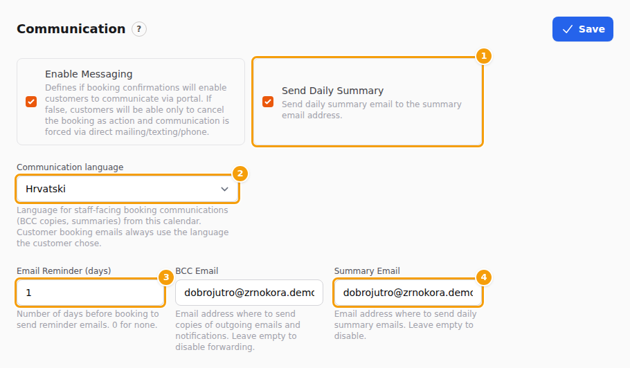 Send Daily Summary (1), Communication language (2), Email Reminder (days) (3) and Summary Email (4)