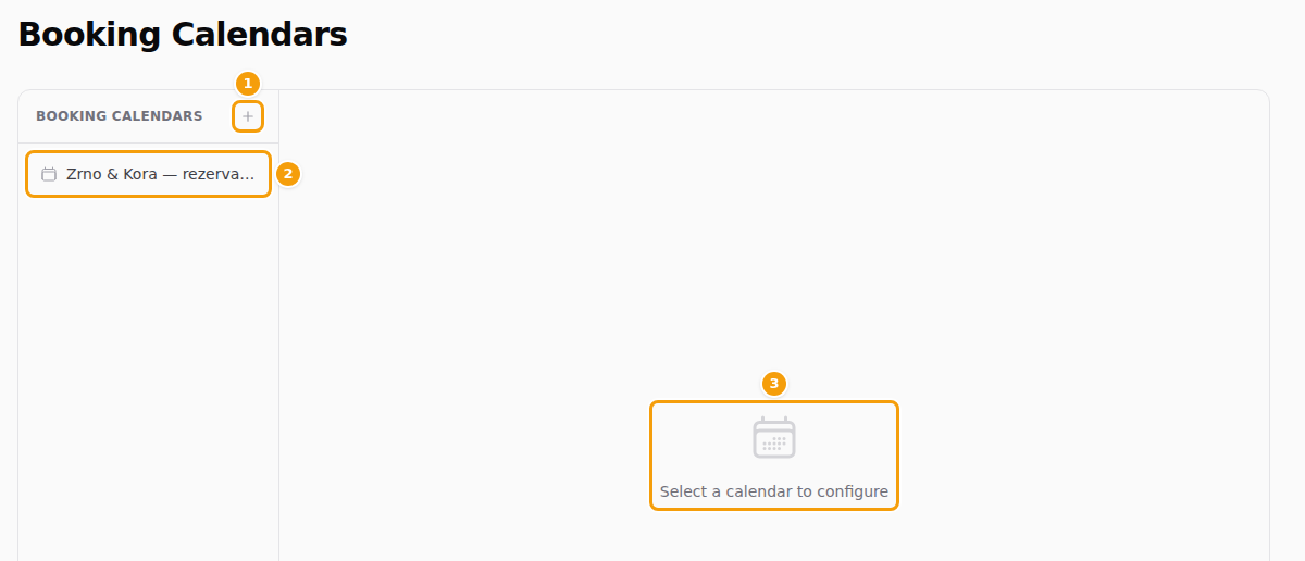 The list of calendars: the plus button (1), a calendar (2) and the note on the right (3)