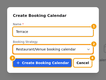 The window for a new calendar: Name (1), Booking Strategy (2), Create Booking Calendar (3) and Cancel (4)