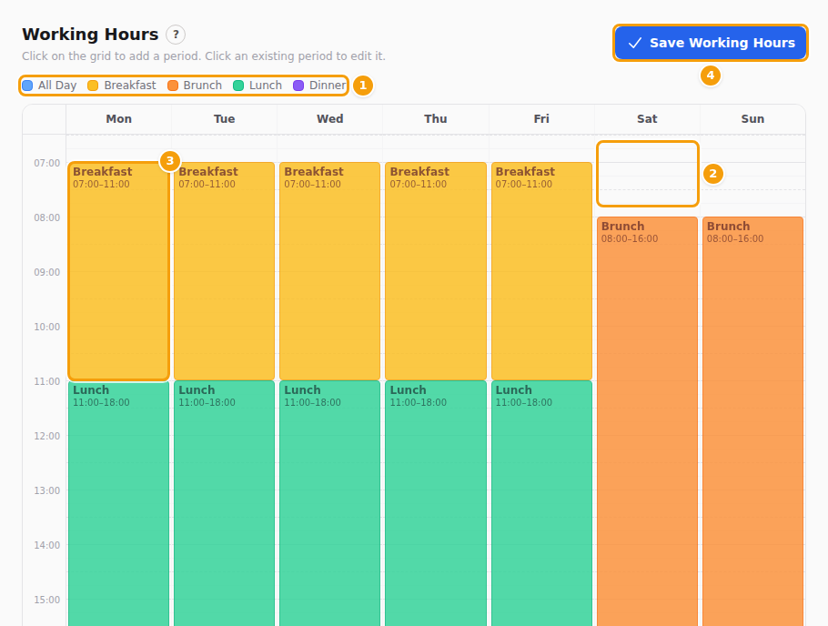 The colour key (1), an empty spot to click (2), a period (3) and Save Working Hours (4)