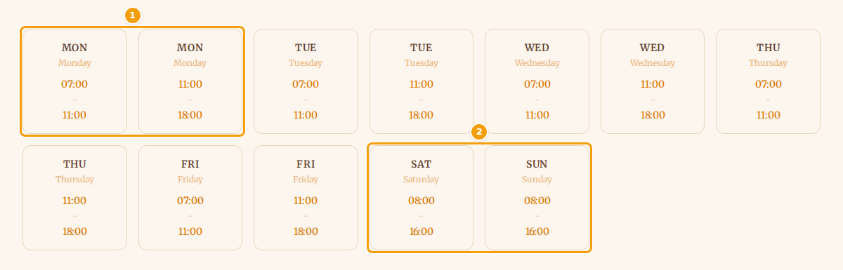 On the website: Monday has two periods and so two cards (1); Saturday and Sunday have one each (2)