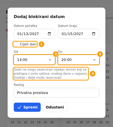 Prozor s uklonjenom oznakom Cijeli dan (1), Od (2), Do (3) i objašnjenje (4)