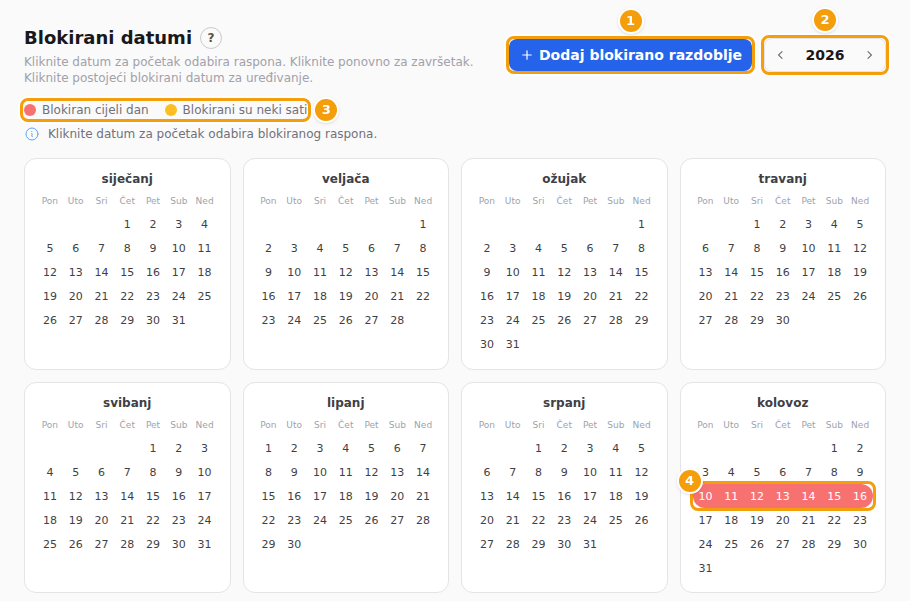 Dodaj blokirano razdoblje (1), strelice za godinu (2), legenda boja (3) i blokirani tjedan u kolovozu (4)
