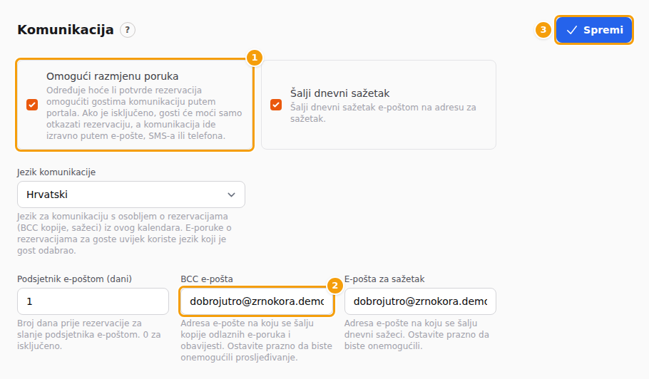 Označeno Omogući razmjenu poruka (1), vaša adresa u polju BCC e-pošta (2) i Spremi (3)