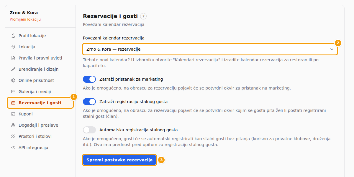 Postavke lokacije: kartica Rezervacije i gosti (1), Povezani kalendar rezervacija (2) i Spremi postavke rezervacija (3)