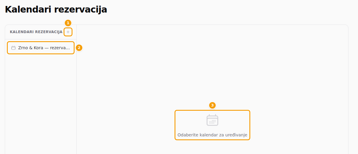Popis kalendara: gumb plus (1), kalendar (2) i napomena s desne strane (3)