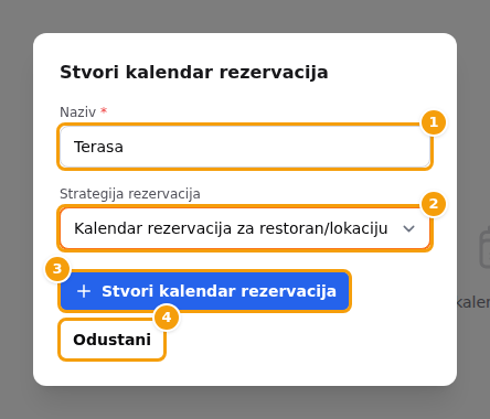 Prozor za novi kalendar: Naziv (1), Strategija rezervacija (2), Stvori kalendar rezervacija (3) i Odustani (4)