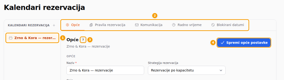 Otvoren kalendar: kalendar na popisu (1), pet kartica (2), okrugli gumb za pomoć (3) i gumb za spremanje (4)
