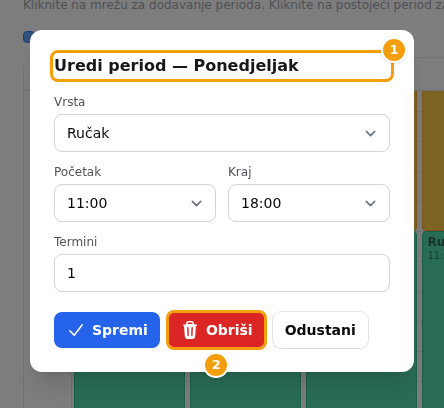 Prozor Uredi period: dan u naslovu (1) i Obriši (2)