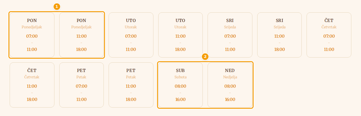 Na web-stranici: ponedjeljak ima dva perioda, pa dvije kartice (1); subota i nedjelja imaju po jedan (2)