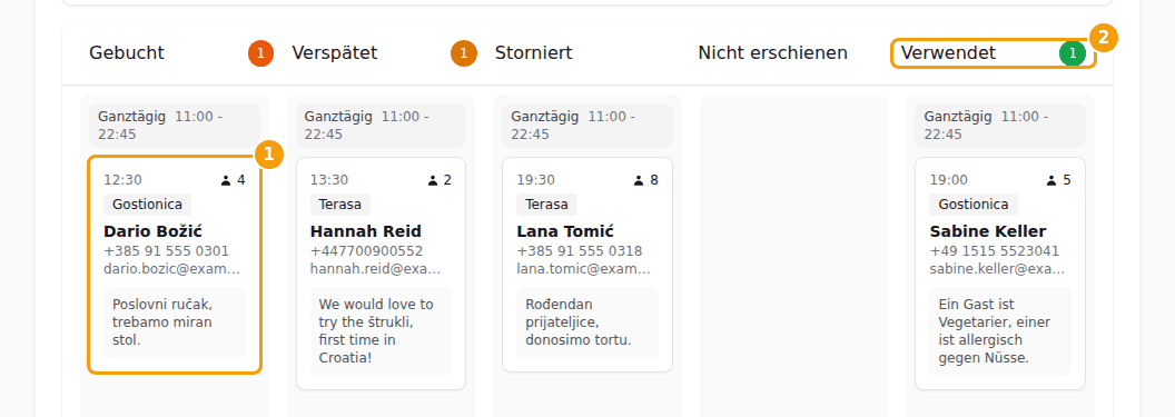 Ziehen Sie eine Karte (1) in die Spalte ihres neuen Status (2)