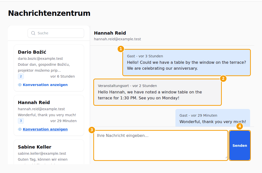 Eine Konversation: die Nachrichten des Gastes rechts (1), die Ihres Teams links (2), das Feld für eine neue Nachricht (3) und Senden (4)