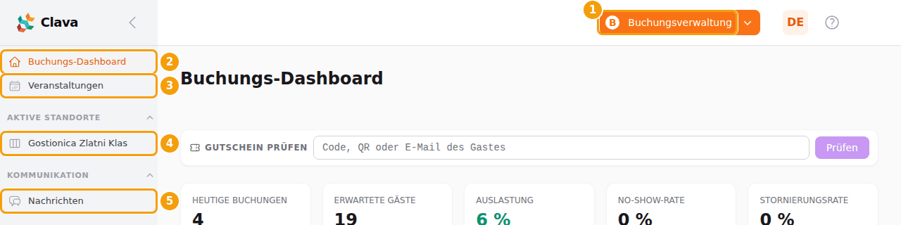 Der orange Bereichs-Button (1) und das Menü links: Buchungs-Dashboard (2), Veranstaltungen (3), Ihr Standort (4) und Nachrichten (5)