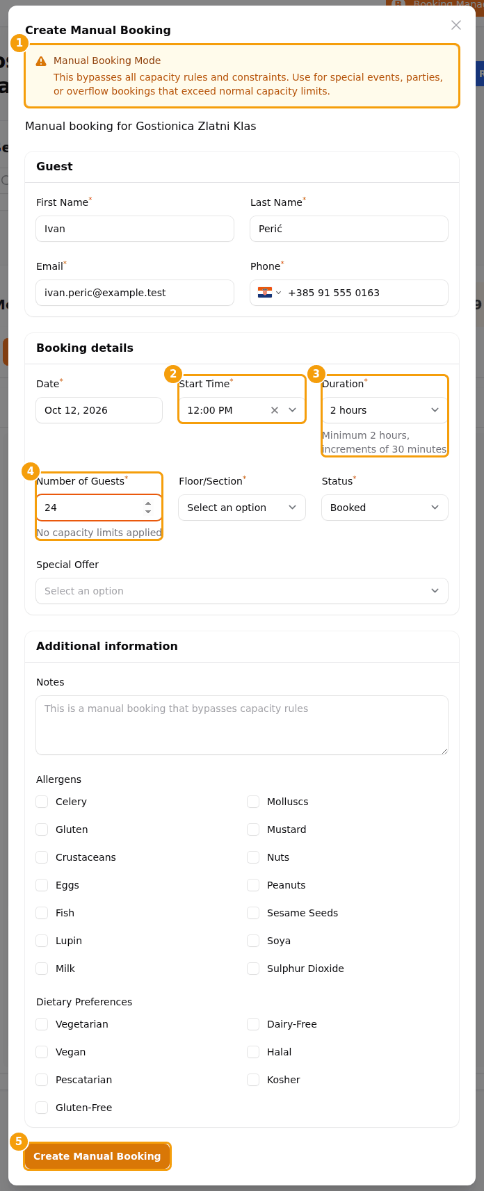 The Manual Booking window: the warning (1), Start Time (2), Duration (3), Number of Guests (4) and Create Manual Booking (5)